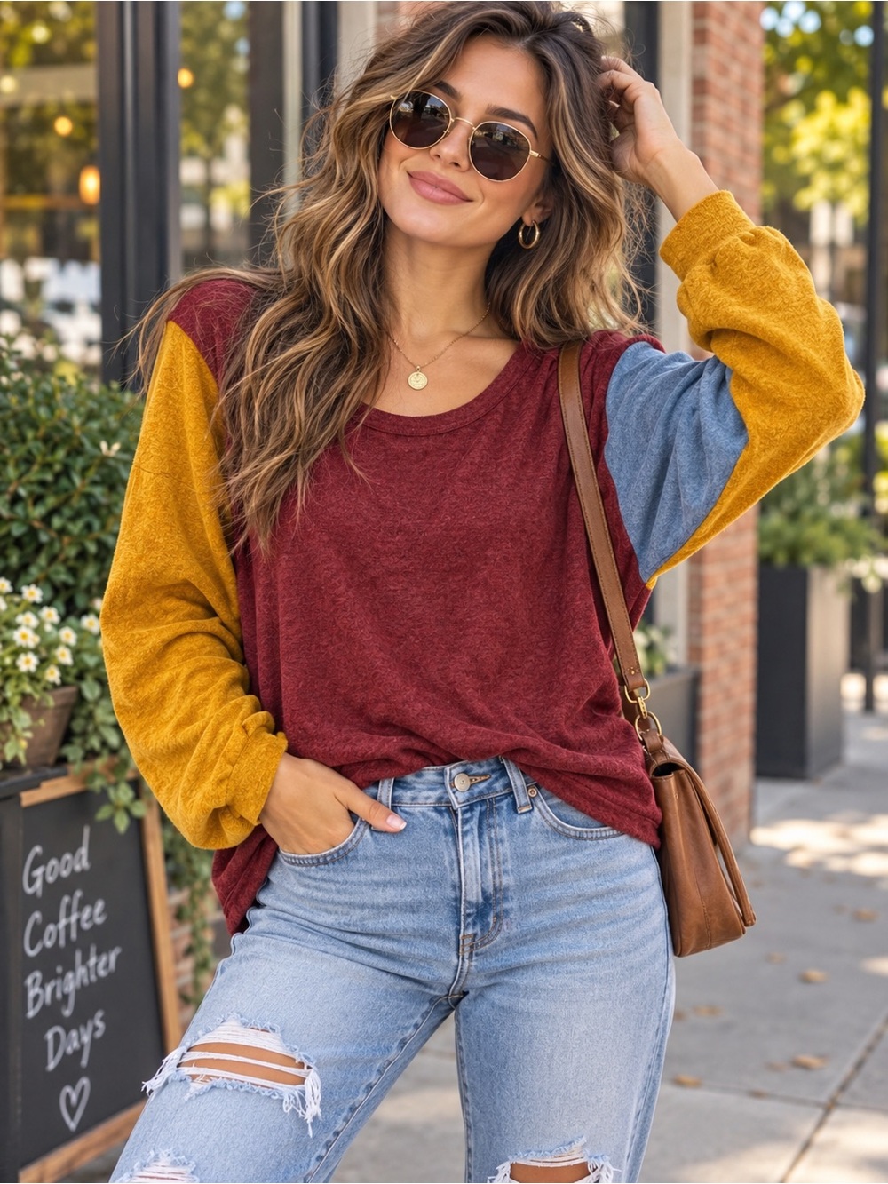 BiBi Colorblock Raglan Sweatshirt in Burgundy, Mustard & Denim Blue